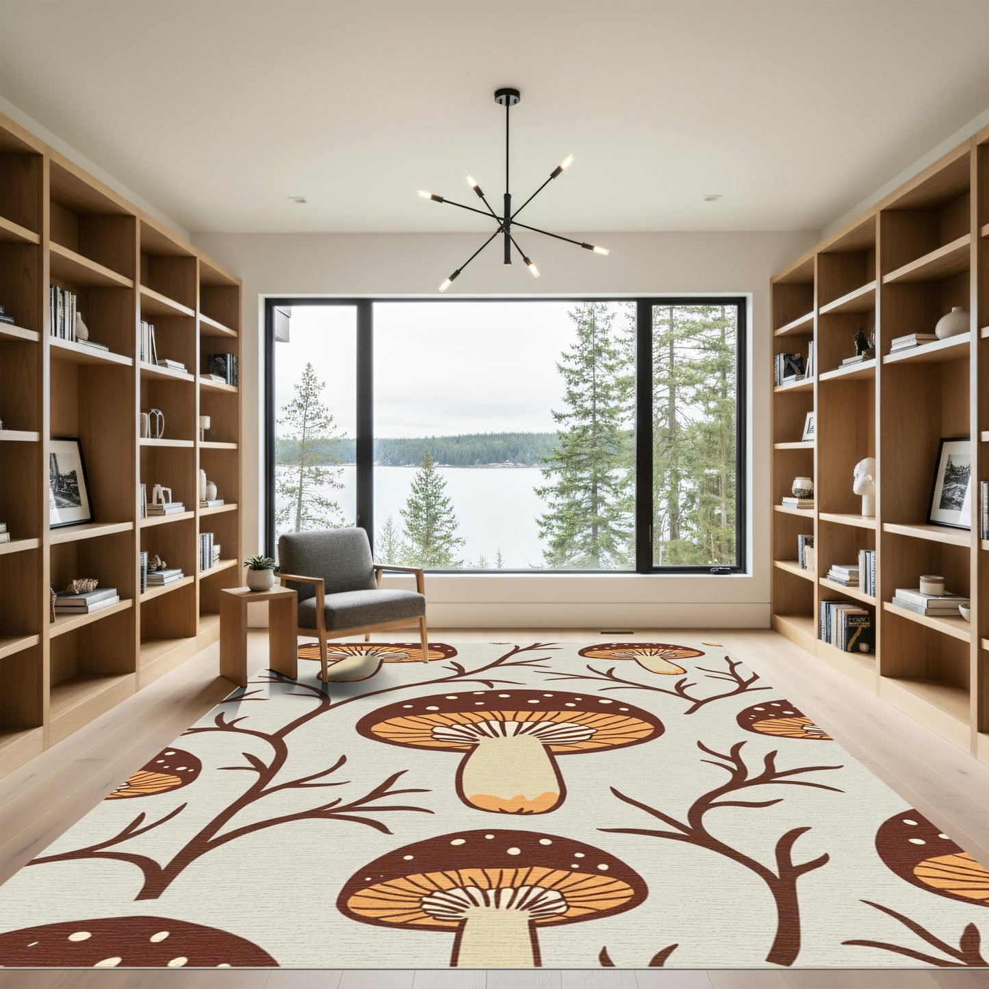 Brown Mushroom Twig Botanical Pattern Rug