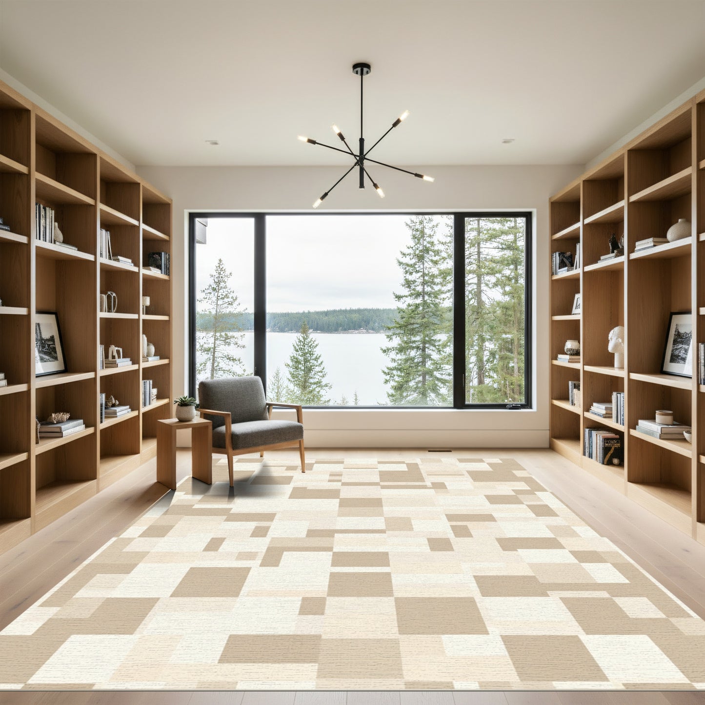 Neutral Beige Abstract Geometric Blocks Rug