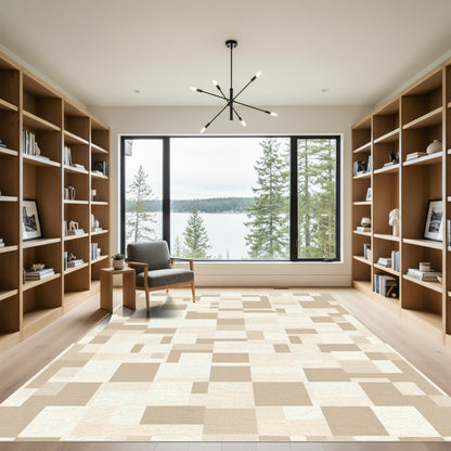Neutral Beige Abstract Geometric Blocks Rug