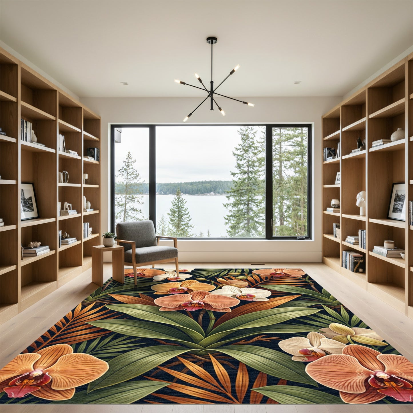 Tropical Sunset Orchid and Palm Leaf Rug