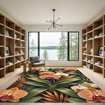 Tropical Sunset Orchid and Palm Leaf Rug