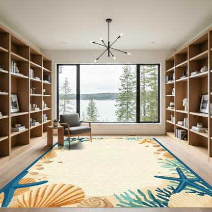 Coastal Sand Seashell Starfish Coral Border Rug