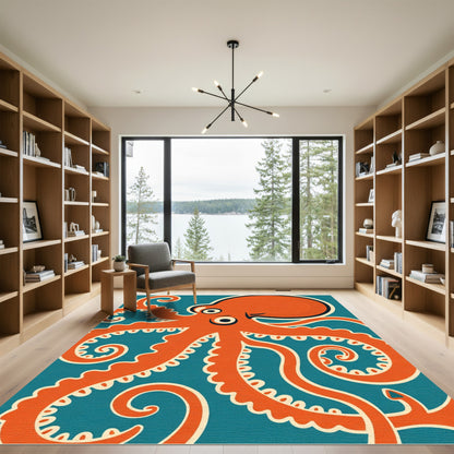 Orange Octopus Teal Swirl Rug
