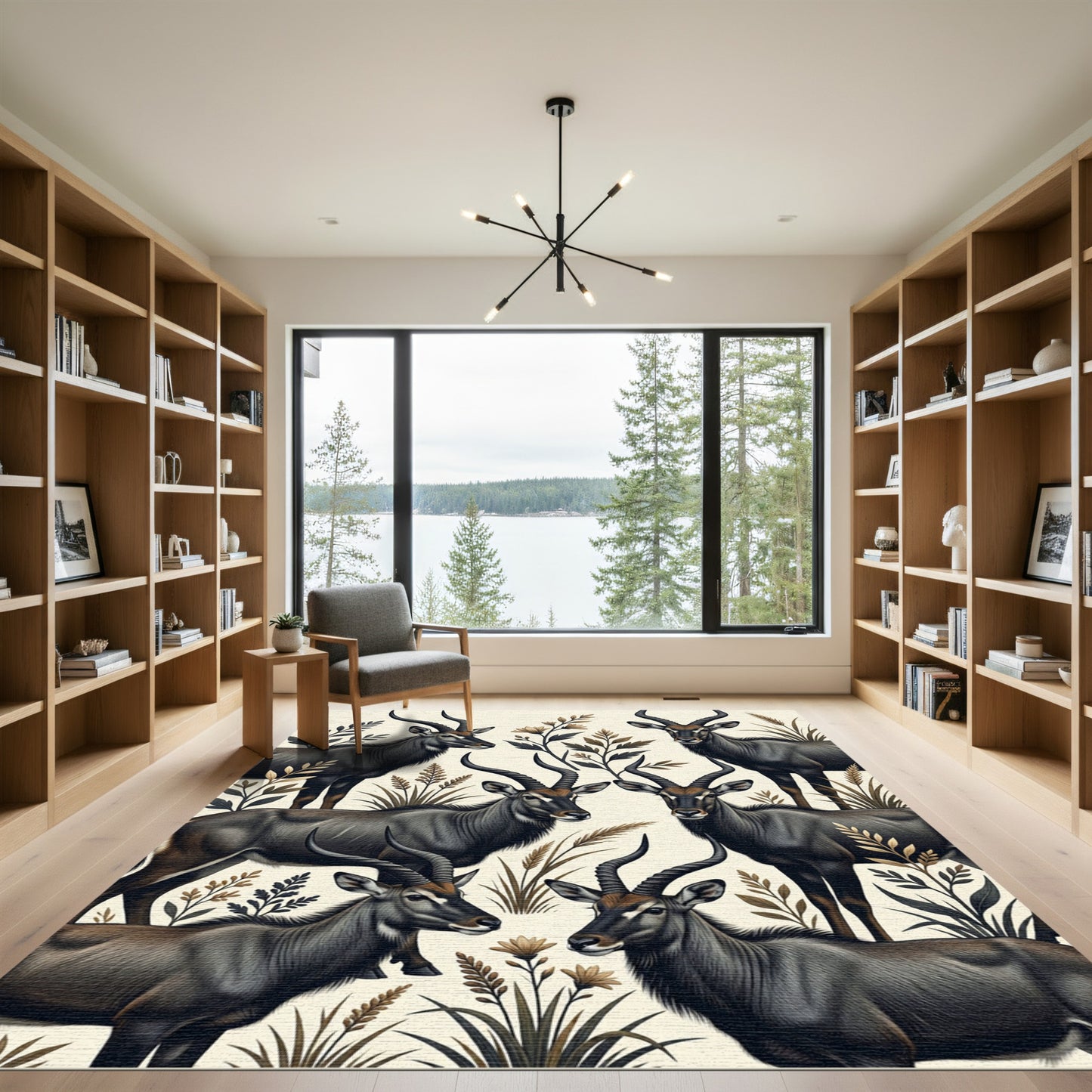 Earthy Gray Antelope Botanical Scene Rug