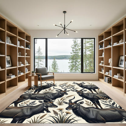Earthy Gray Antelope Botanical Scene Rug