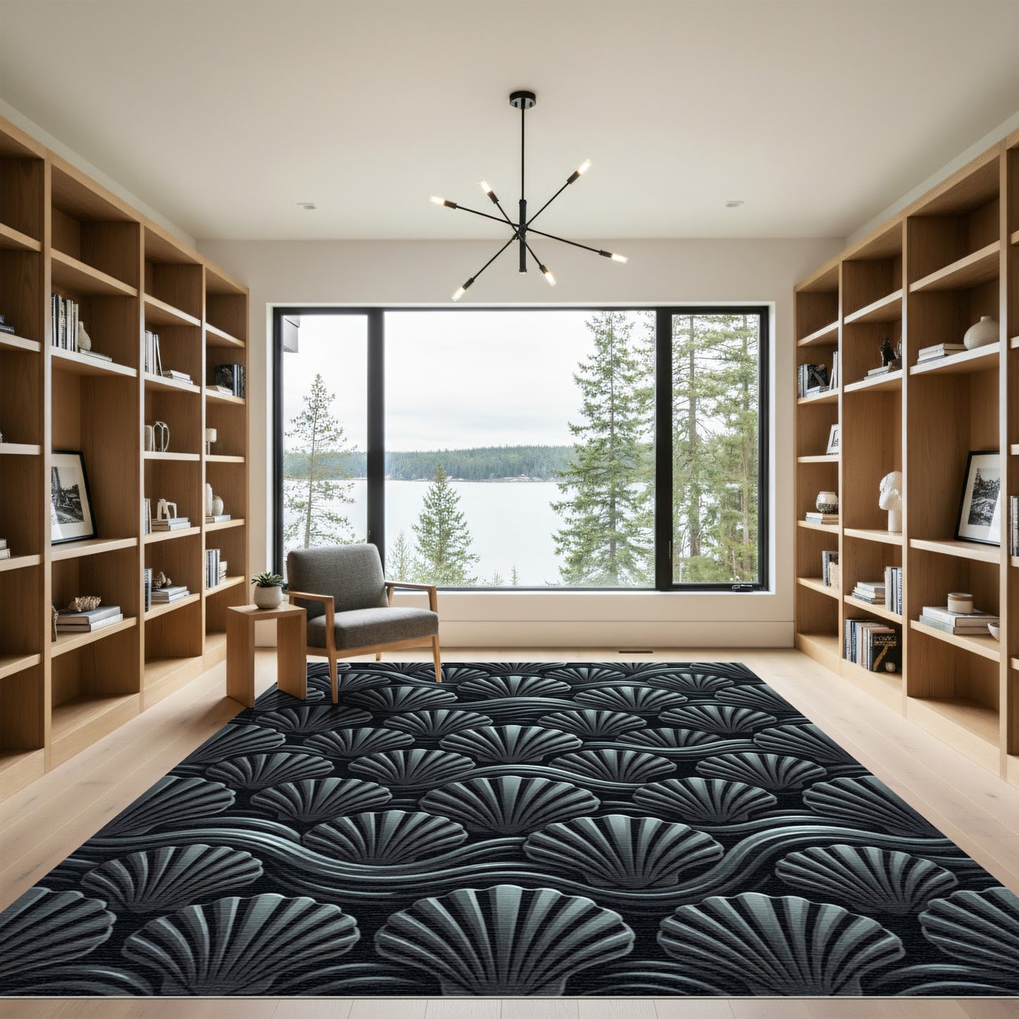 Monochromatic Gray Seashell Wave Pattern Rug