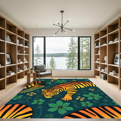Bold Tiger Floral Jungle Scene Rug