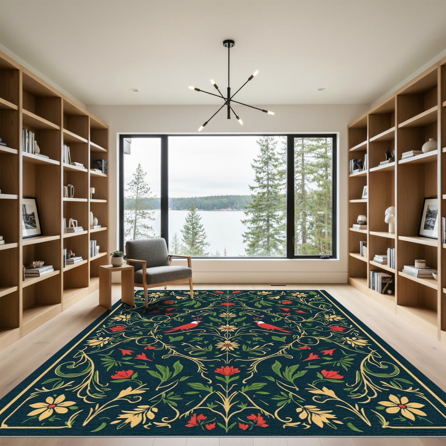 Deep Teal Red Bird Floral Vine Rug