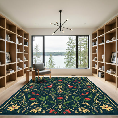 Deep Teal Red Bird Floral Vine Rug