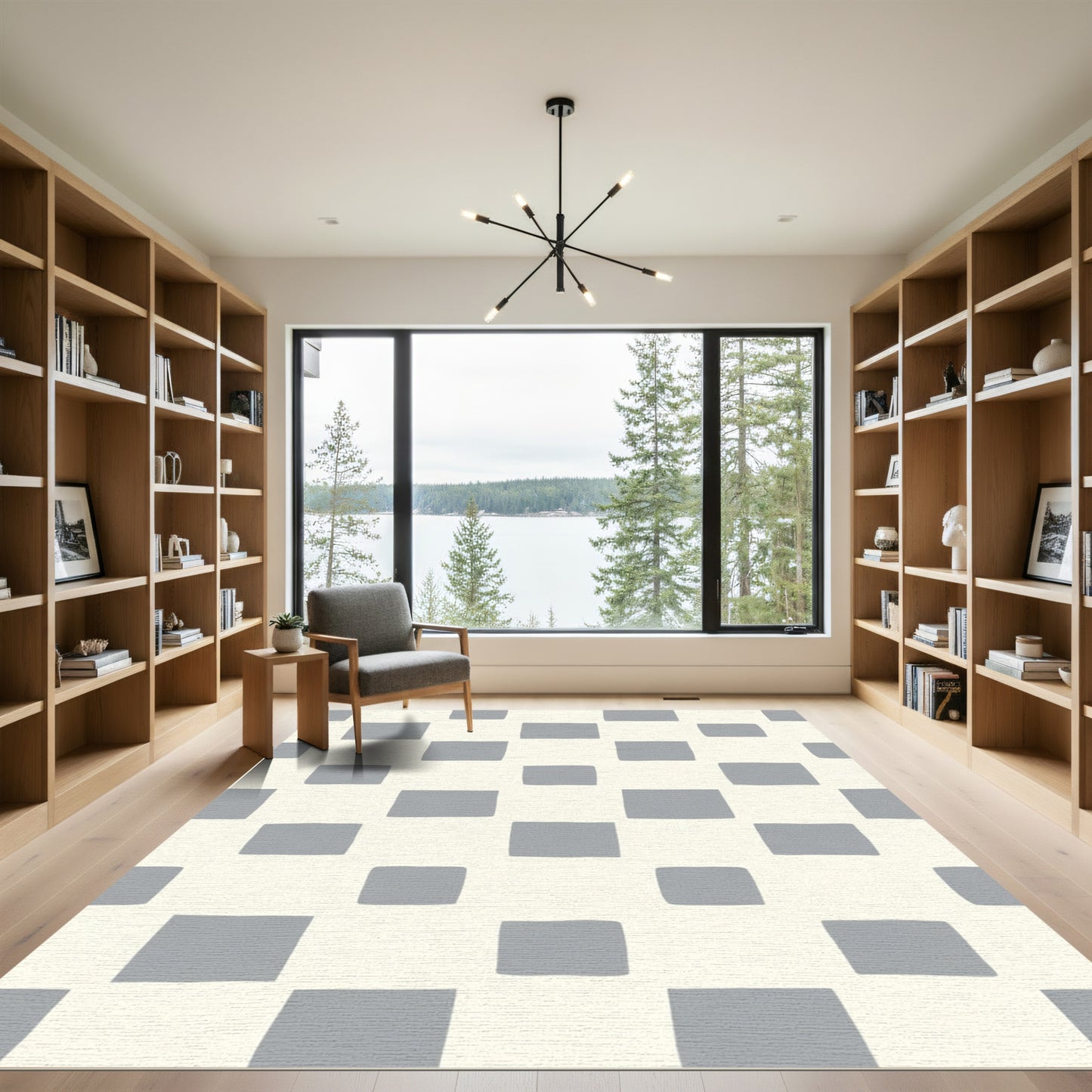 Soft Gray Grid Checkered Rug