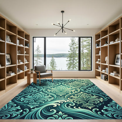 Elegant Teal Damask Scroll Arched Tile Rug