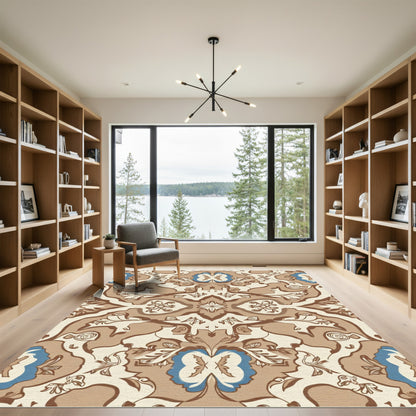 Brown Blue Cream Ornamental Arabesque Rug
