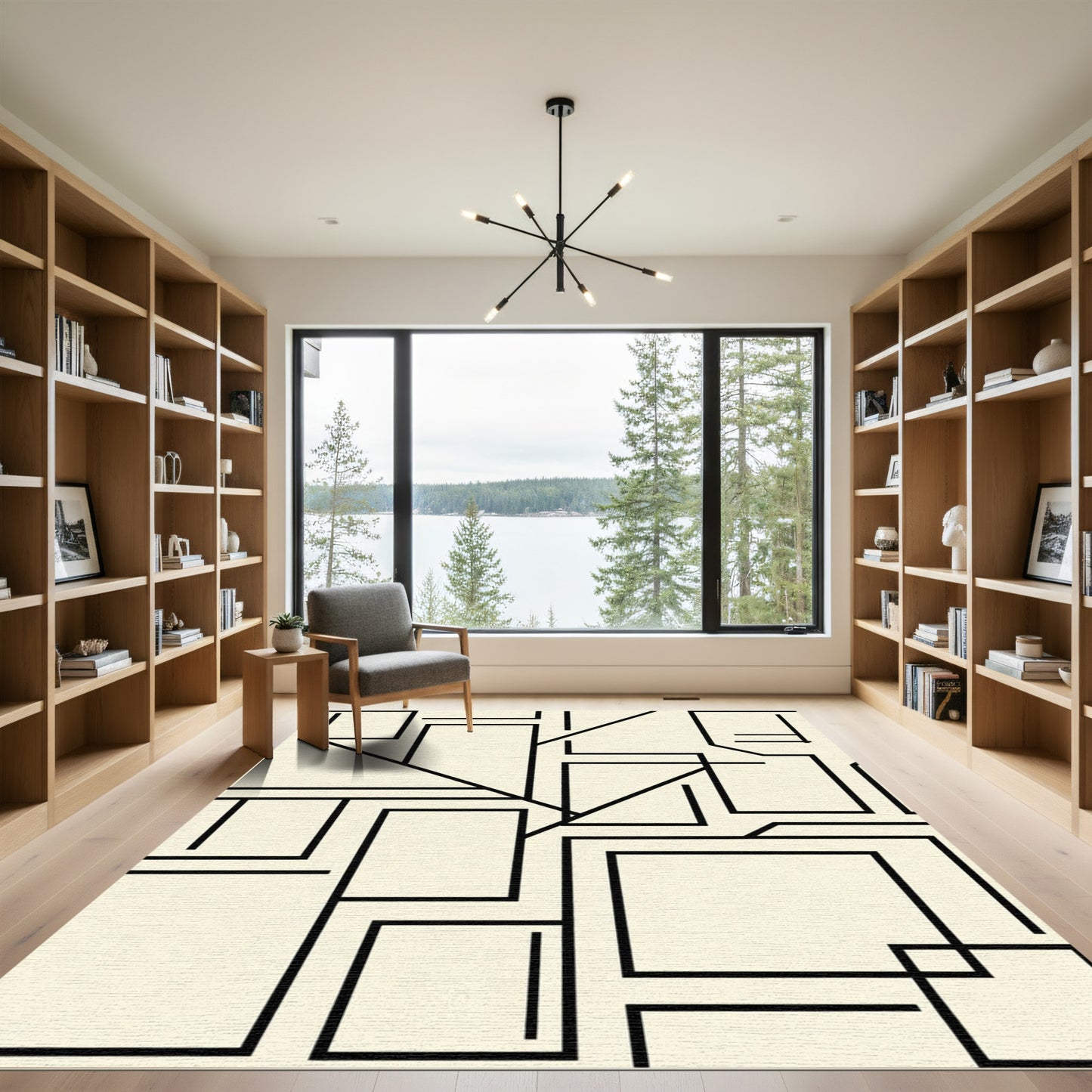 Cream Black Geometric Rectangles Arrangement Rug