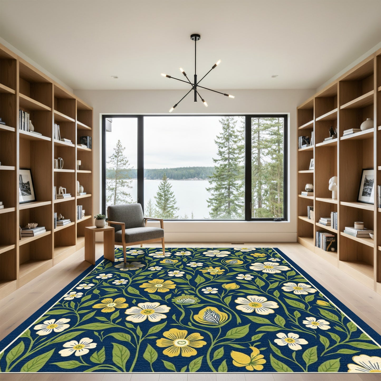Navy Blue Yellow Floral Foliage Rug