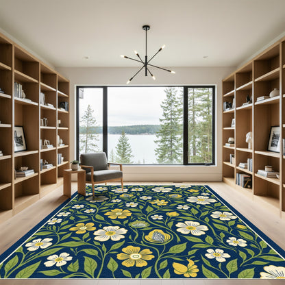 Navy Blue Yellow Floral Foliage Rug