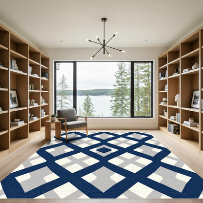 Navy Blue Lattice Geometric Diamond Rug