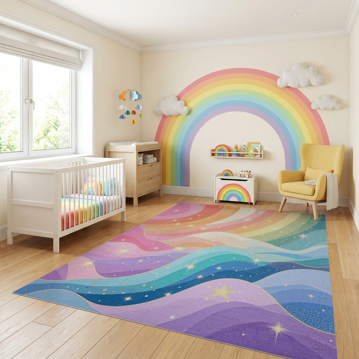 Whimsical Sparkling Rainbow Waves Rug