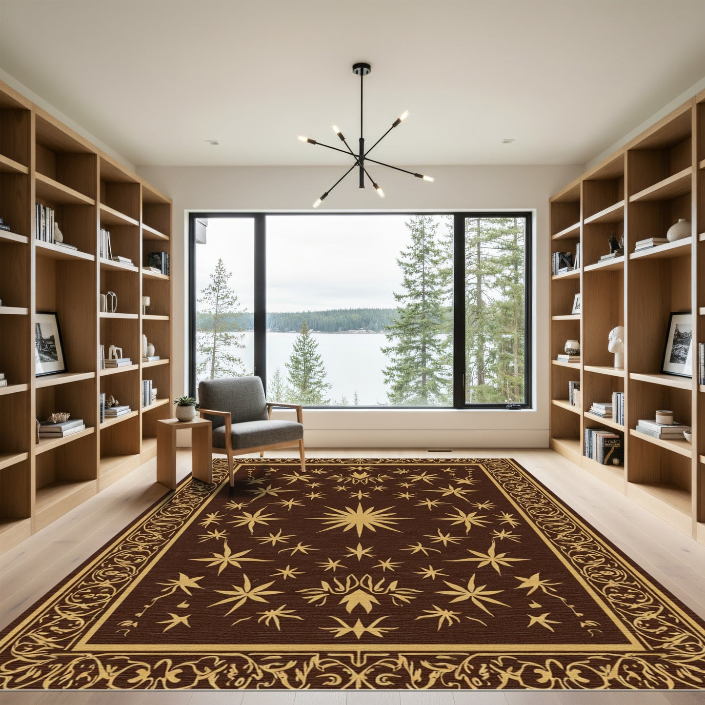 Brown Gold Starburst Medallion Border Rug