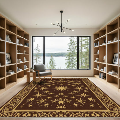 Brown Gold Starburst Medallion Border Rug
