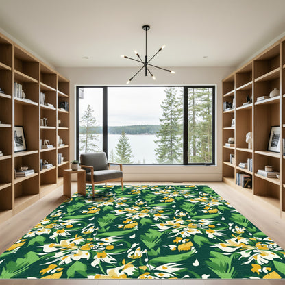 Earthy Green Yellow Floral Burst Rug