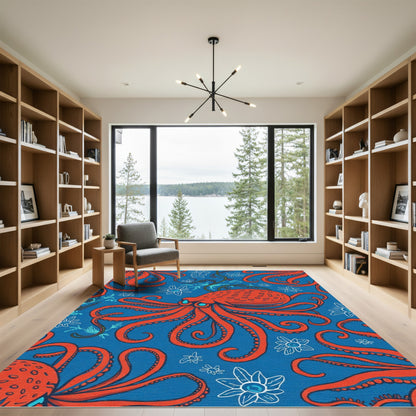 Orange Octopus Blue Floral Medley Rug