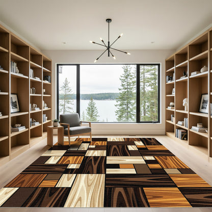 Rich Earthy Wood Grain Patchwork Rug
