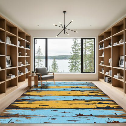 Nautical Maritime Blue and Gold Stripe Rug