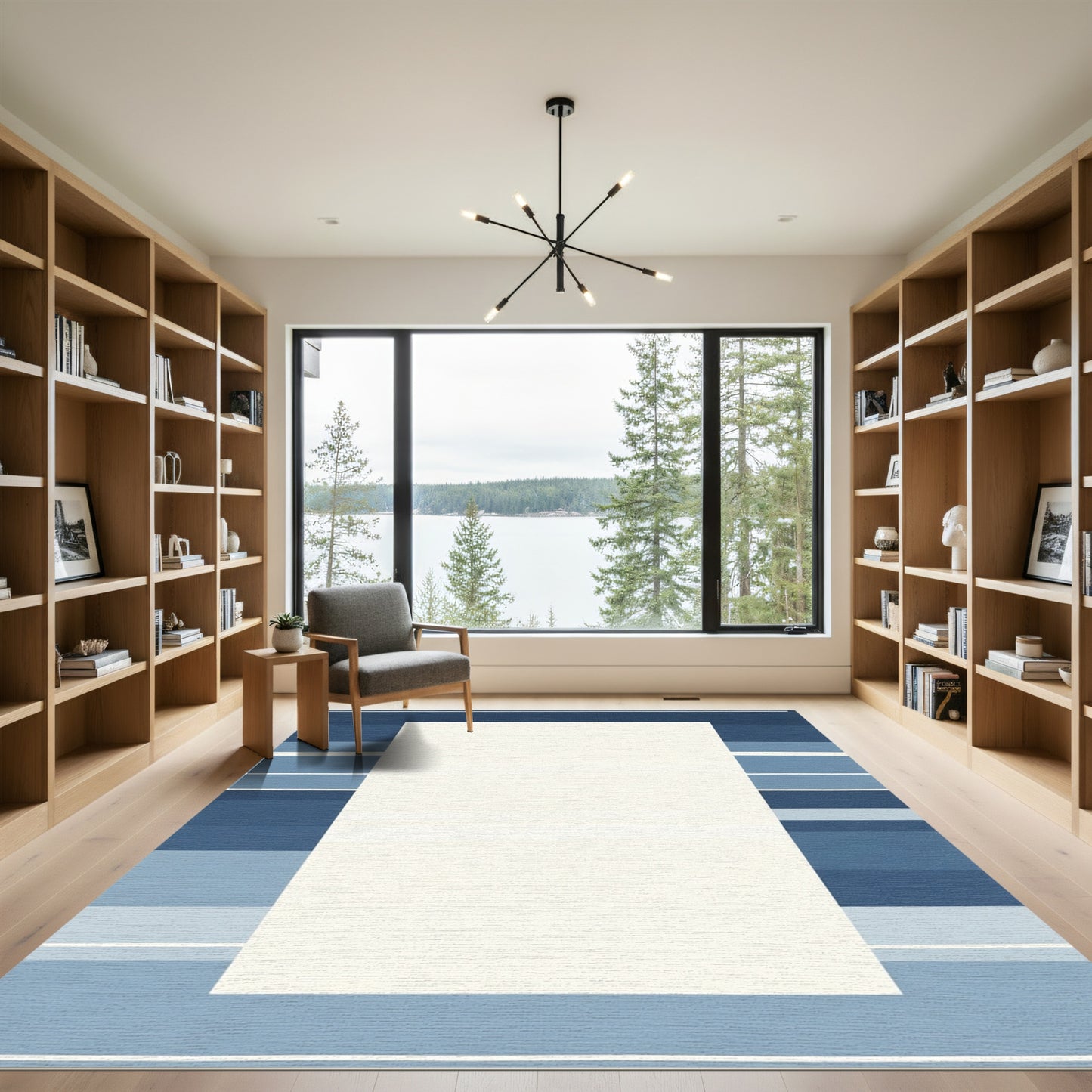 Modern Blue Stripe Border Rectangular Rug