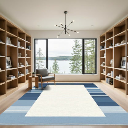 Modern Blue Stripe Border Rectangular Rug