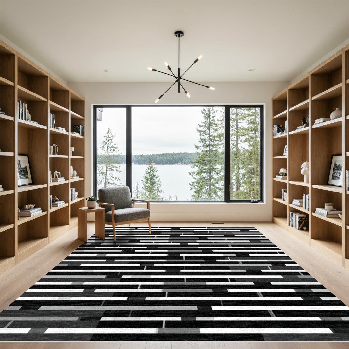 Modern Monochrome Geometric Interlocking Bar Rug