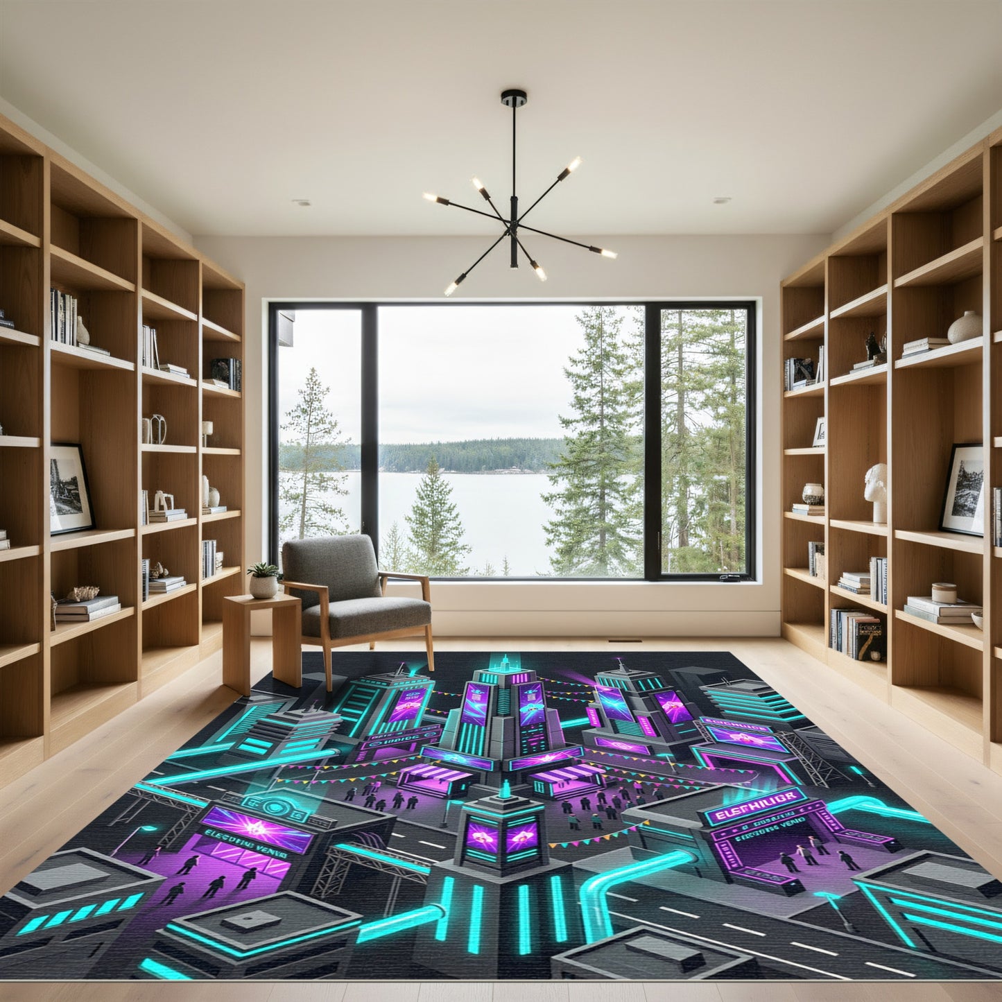 Neon Cyberpunk Orchid Cityscape Grid Rug