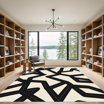 Black Creased Lines Cream Canvas Rug