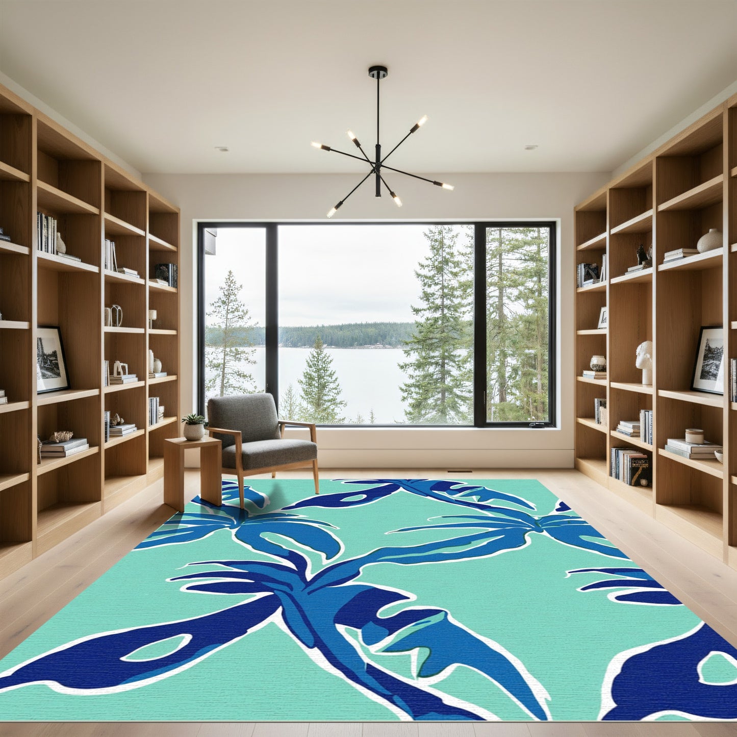 Bold Blue Tropical Leaf Collage Rug