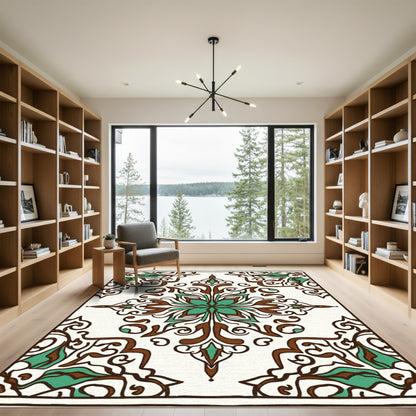 Brown Teal Floral Medallion Ornament Rug