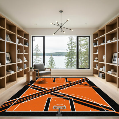 Abstract Orange Black Court Geometric Rug