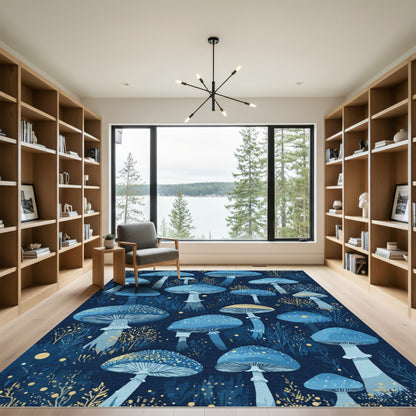 Enchanted Blue Mushroom Forest Glow Rug