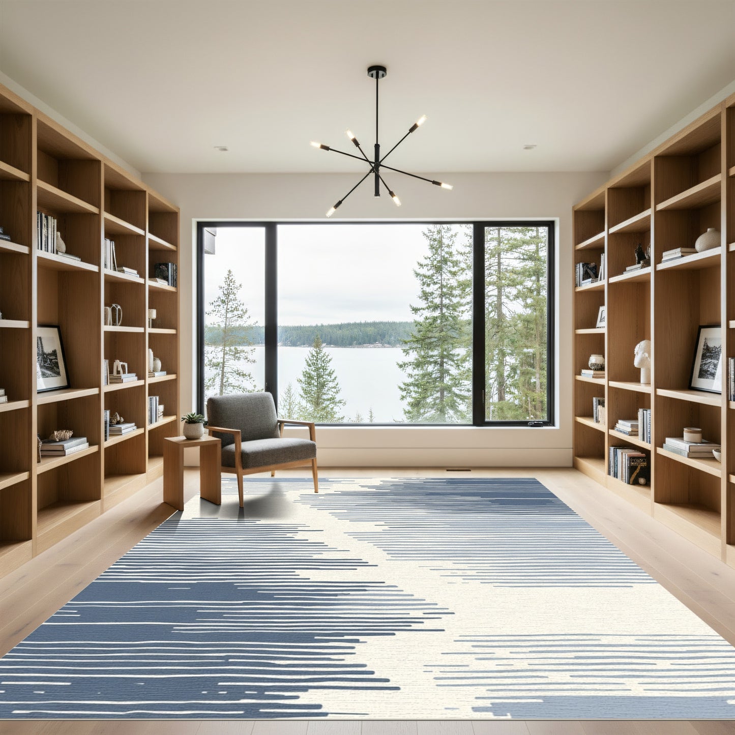 Serene Blue Abstract Horizontal Line Rug