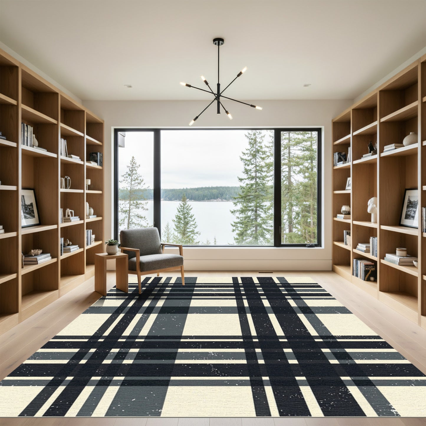 Dark Gray Cream Plaid Grid Rug