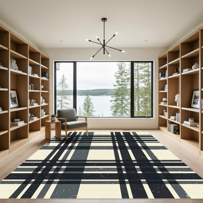 Dark Gray Cream Plaid Grid Rug