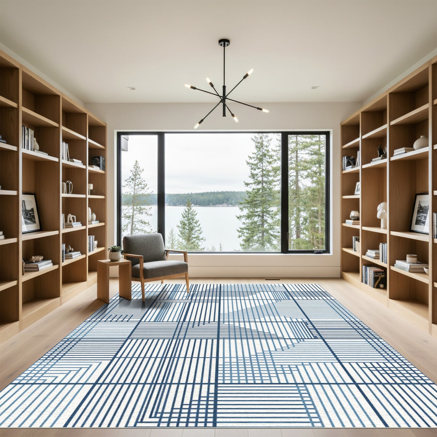 Modern Blue Line Art Geometric Rug