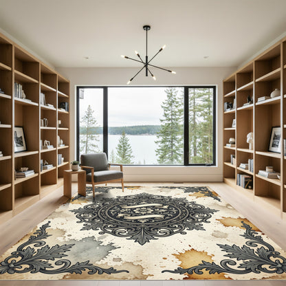 Ornate Monochrome Floral Damask Scroll Medallion Rug