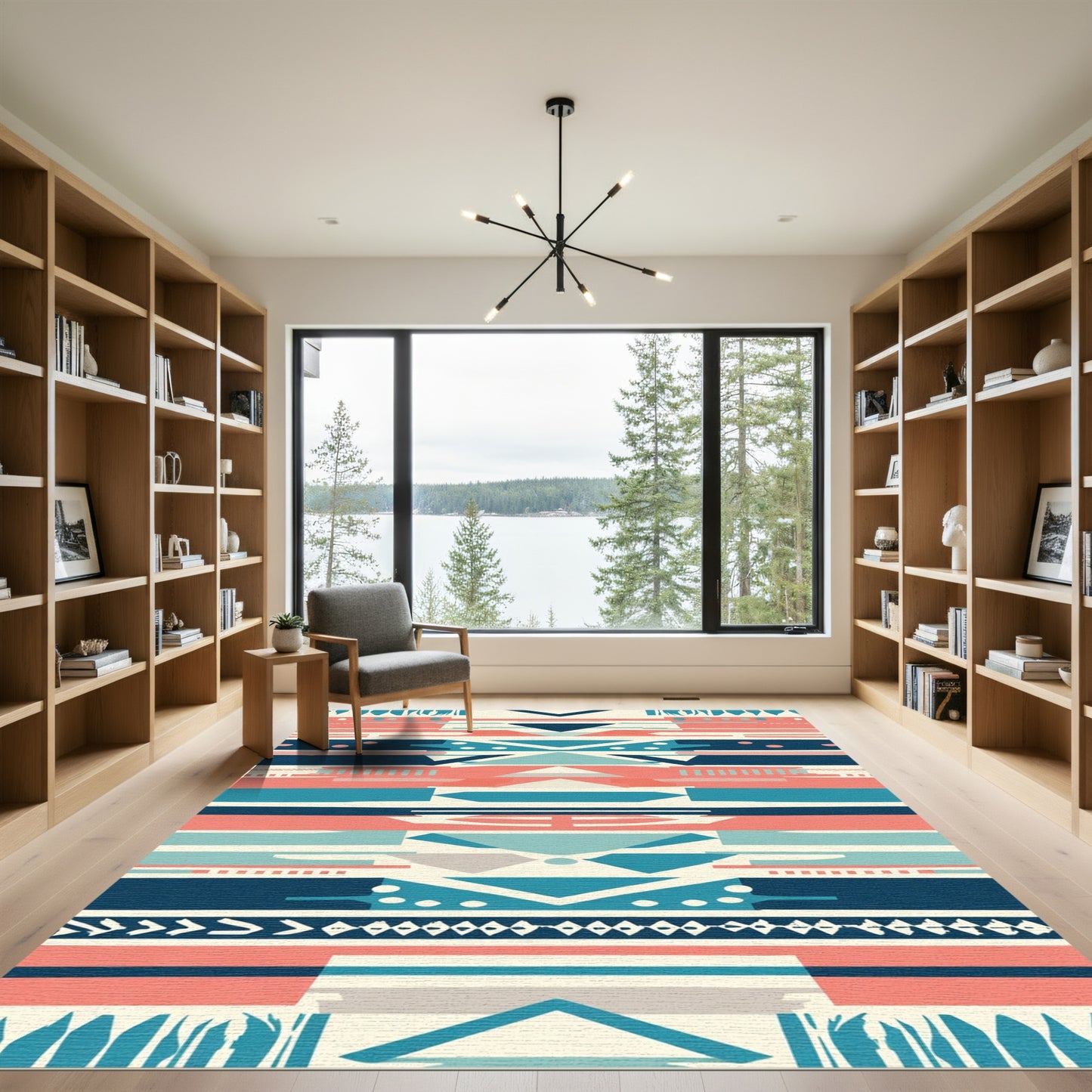 Geometric Coral Teal Stripe Rug