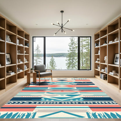 Geometric Coral Teal Stripe Rug