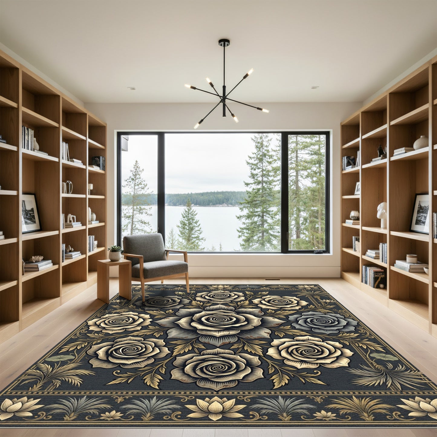Ornate Gold Rose Floral Medallion Rug