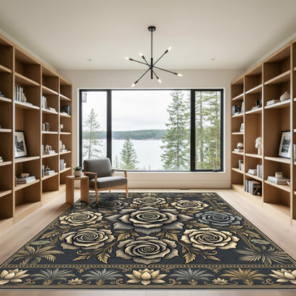 Ornate Gold Rose Floral Medallion Rug