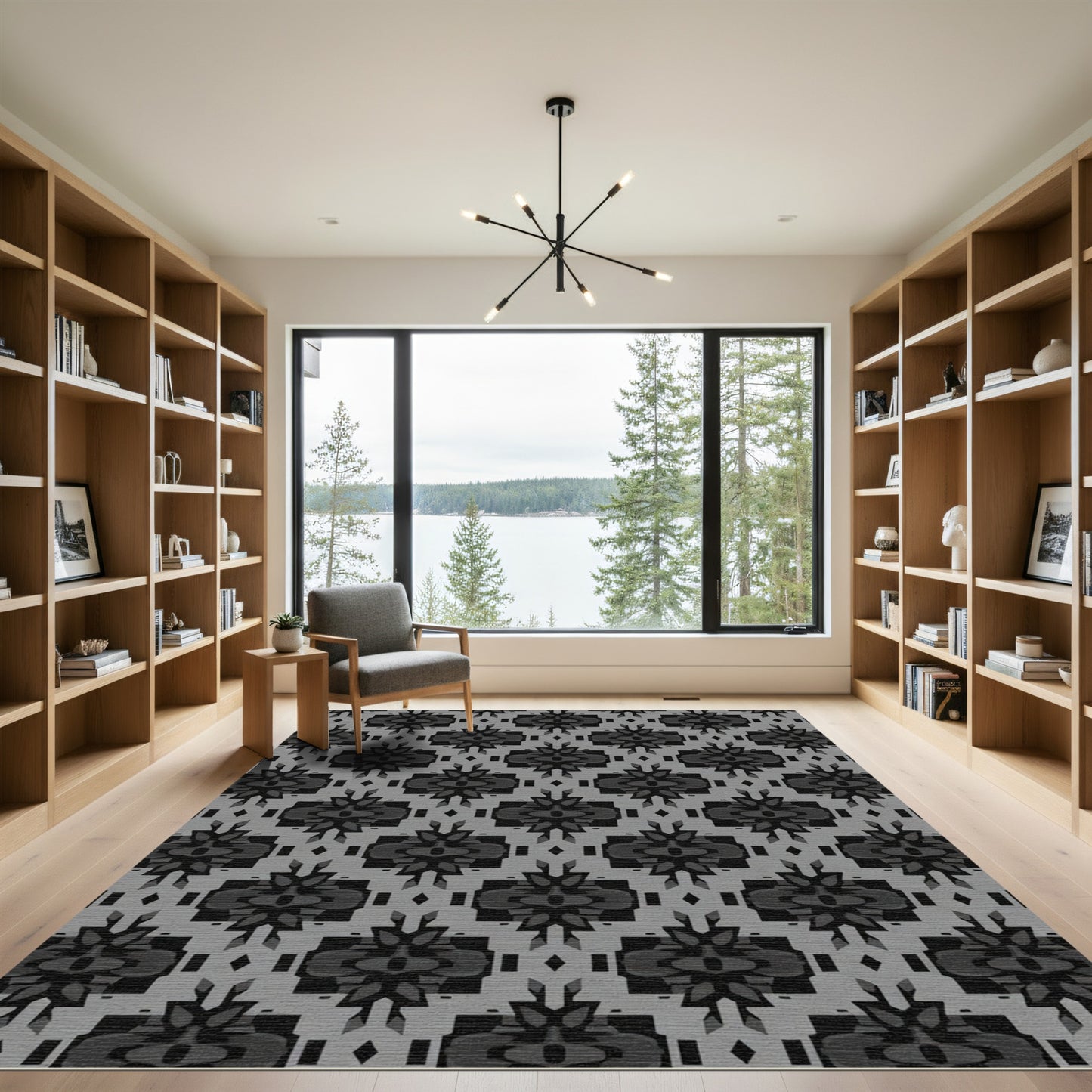 Dark Gray Geometric Lattice Abstract Art Rug