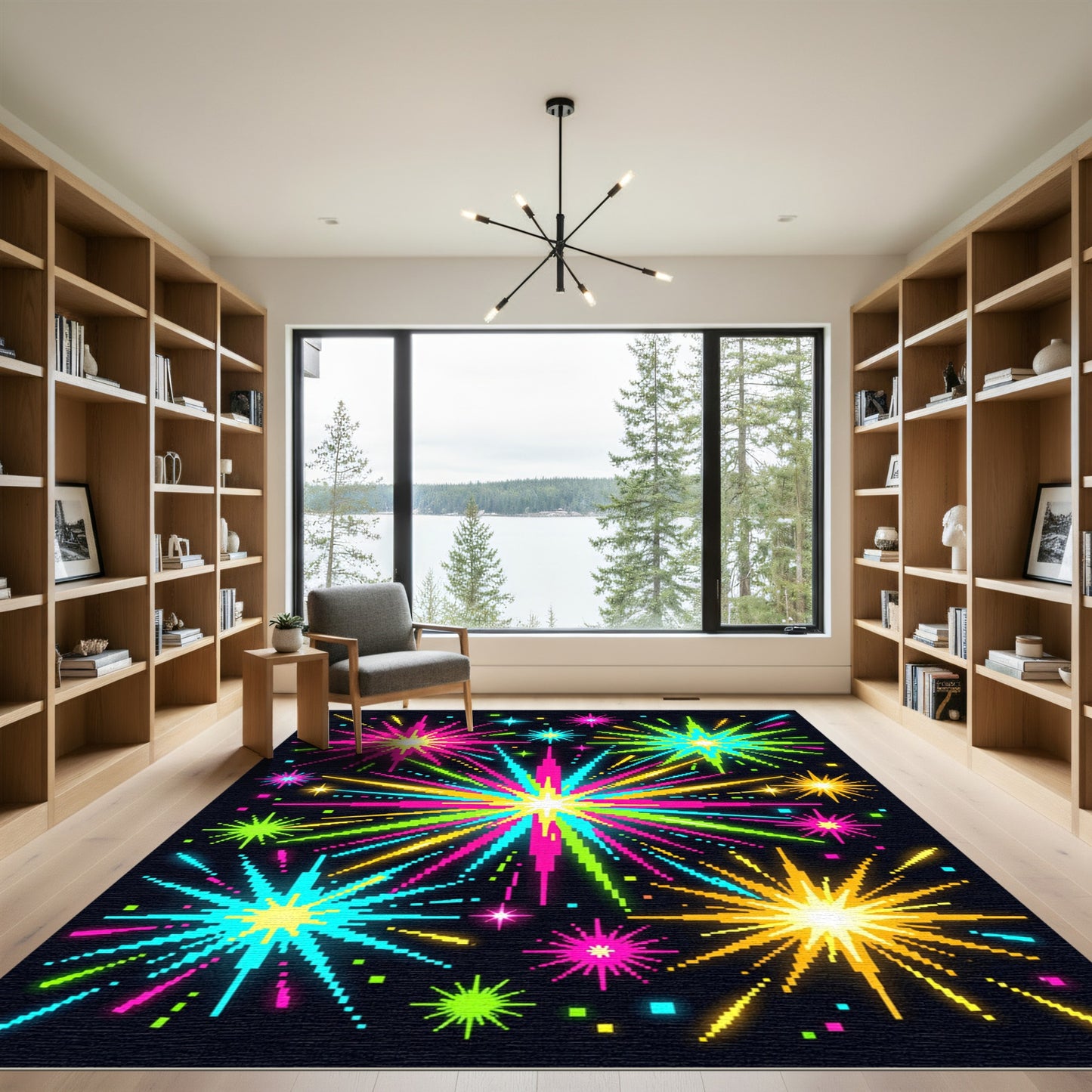 Vibrant Pixelated Neon Fireworks Explosion Rug