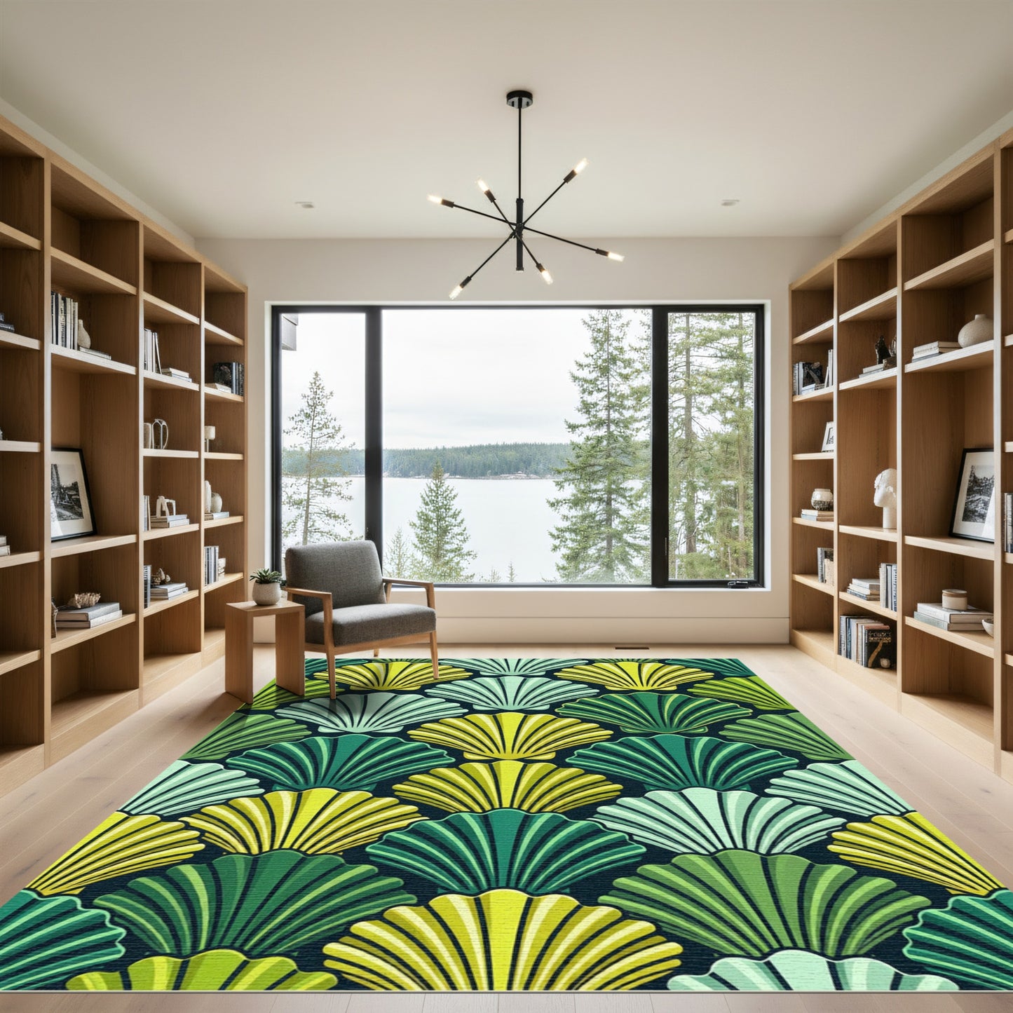 Green Yellow Scallop Fan Arrangement Rug