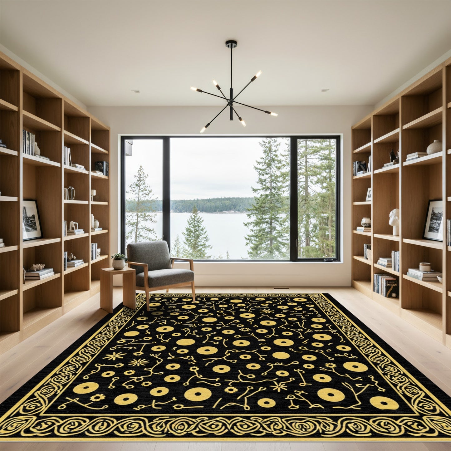 Black Gold Botanical Vine Medallion Rug