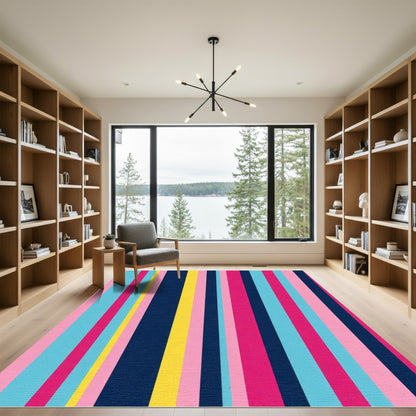 Bold Pink Blue Yellow Stripe Rug